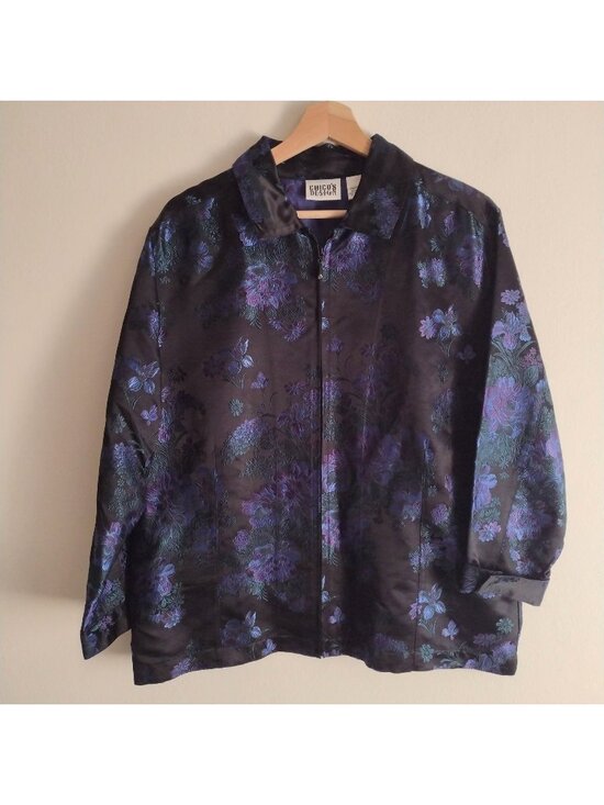 Chico's Jackets & Blazers - Chicos Silk Blend Brocade Jacket L Dark Blue Floral on Black Zip Blazer Sz 2